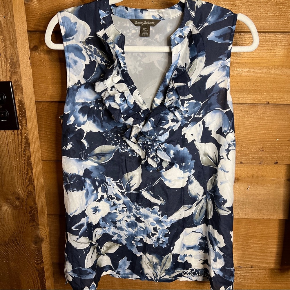 Tommy Bahama Silk Floral Ruffle V-neck Sleeveless Blouse Tank Shirt Hawaiian